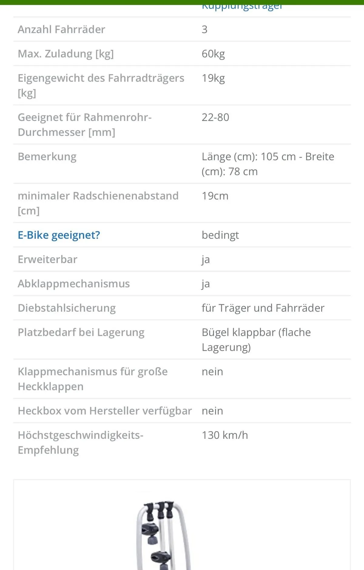 Technische Daten des Fahrradträgers: drei Fahrräder, 60 kg Zuladung, 19 kg Eigengewicht, abklappbar, mit Diebstahlsicherung