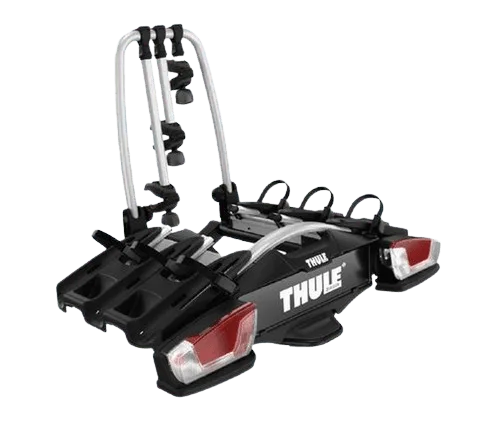 Thule-Fahrradträger für die Anhängerkupplung mit drei Radschienen, Rückleuchten und Kennzeichenhalter